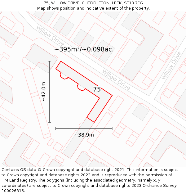 75, WILLOW DRIVE, CHEDDLETON, LEEK, ST13 7FG: Plot and title map