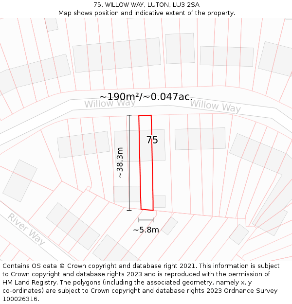 75, WILLOW WAY, LUTON, LU3 2SA: Plot and title map