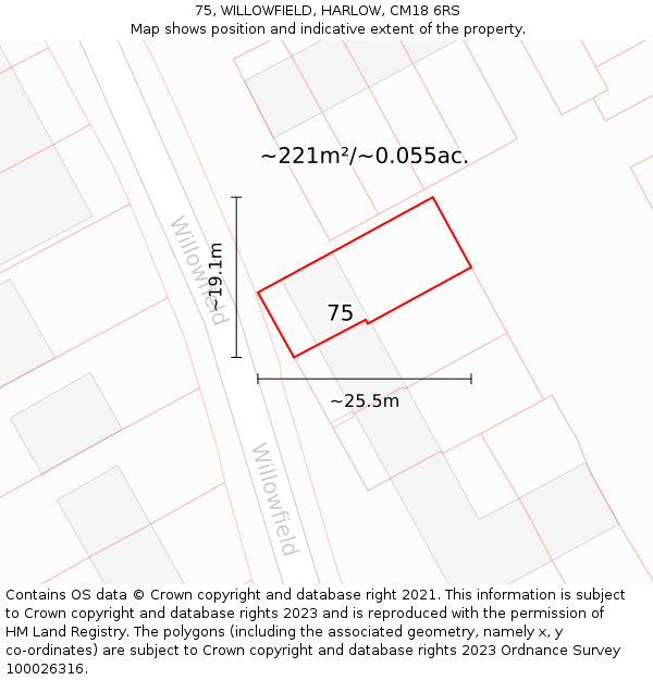 75, WILLOWFIELD, HARLOW, CM18 6RS: Plot and title map