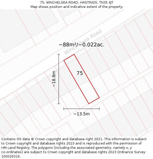 75, WINCHELSEA ROAD, HASTINGS, TN35 4JT: Plot and title map