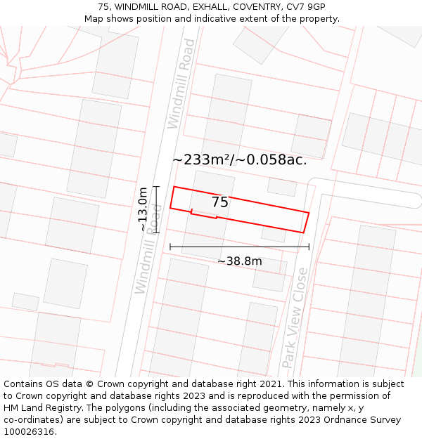 75, WINDMILL ROAD, EXHALL, COVENTRY, CV7 9GP: Plot and title map