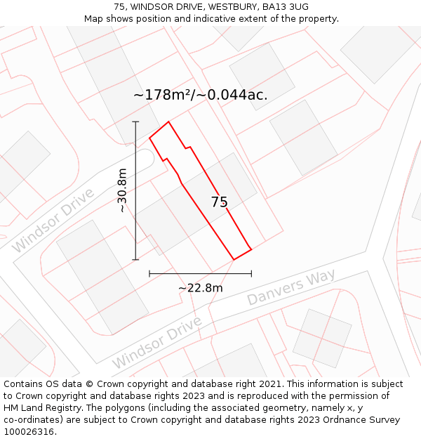 75, WINDSOR DRIVE, WESTBURY, BA13 3UG: Plot and title map