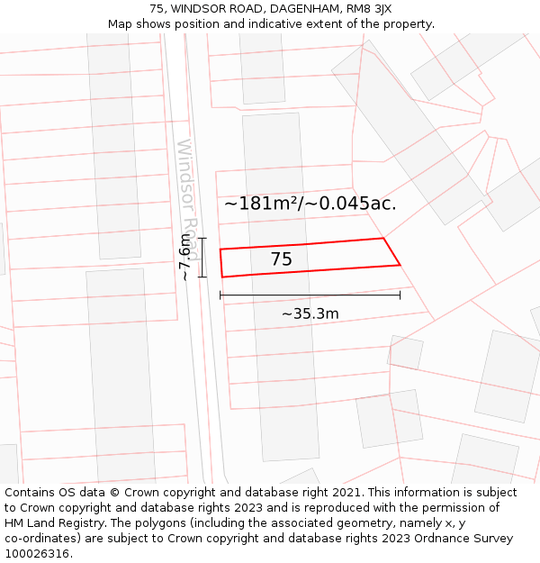 75, WINDSOR ROAD, DAGENHAM, RM8 3JX: Plot and title map