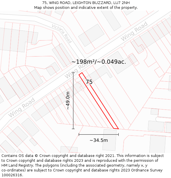 75, WING ROAD, LEIGHTON BUZZARD, LU7 2NH: Plot and title map