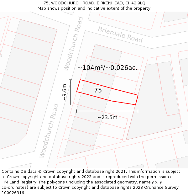 75, WOODCHURCH ROAD, BIRKENHEAD, CH42 9LQ: Plot and title map