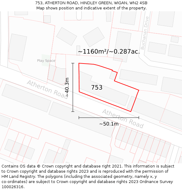 753, ATHERTON ROAD, HINDLEY GREEN, WIGAN, WN2 4SB: Plot and title map