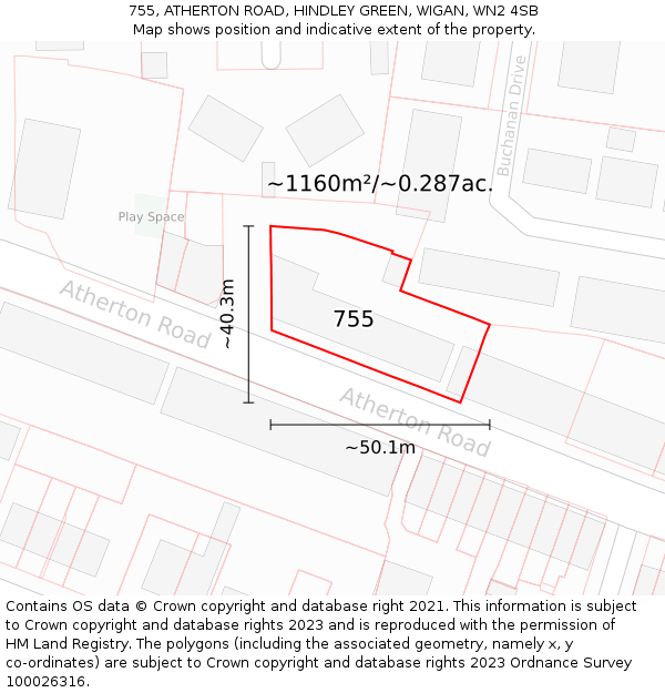 755, ATHERTON ROAD, HINDLEY GREEN, WIGAN, WN2 4SB: Plot and title map