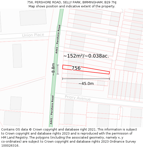 756, PERSHORE ROAD, SELLY PARK, BIRMINGHAM, B29 7NJ: Plot and title map