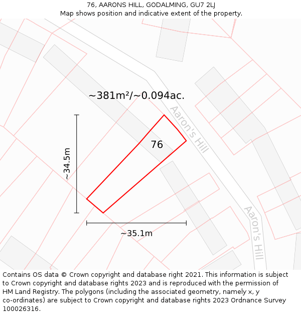 76, AARONS HILL, GODALMING, GU7 2LJ: Plot and title map