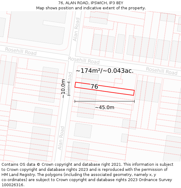76, ALAN ROAD, IPSWICH, IP3 8EY: Plot and title map