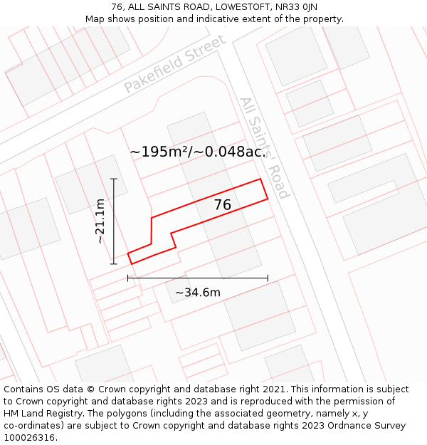 76, ALL SAINTS ROAD, LOWESTOFT, NR33 0JN: Plot and title map