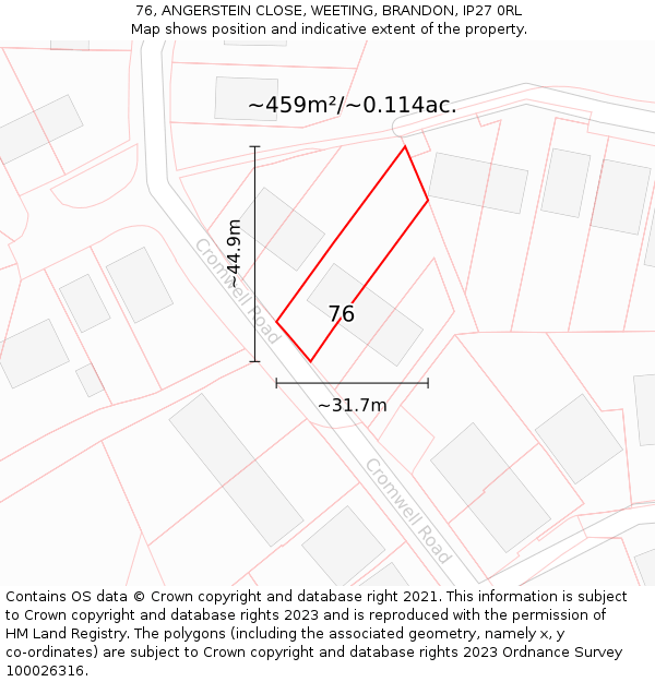 76, ANGERSTEIN CLOSE, WEETING, BRANDON, IP27 0RL: Plot and title map
