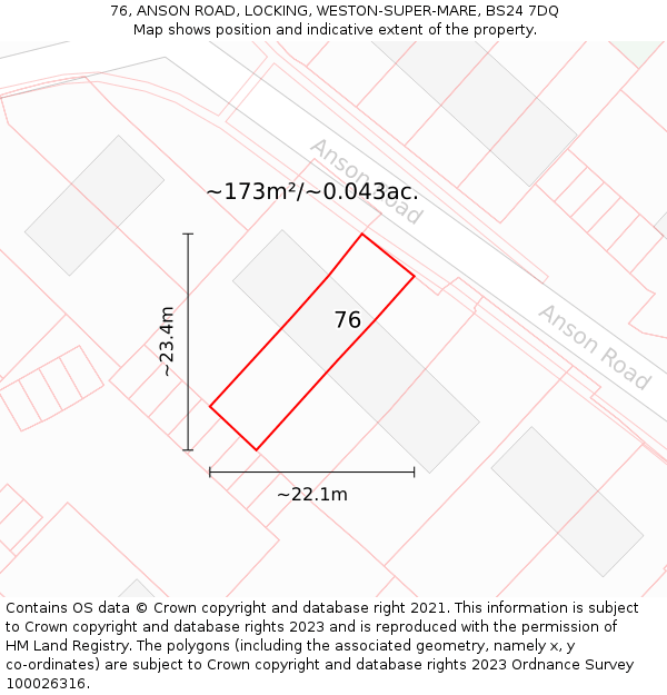 76, ANSON ROAD, LOCKING, WESTON-SUPER-MARE, BS24 7DQ: Plot and title map