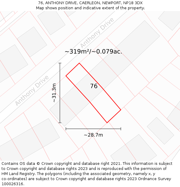 76, ANTHONY DRIVE, CAERLEON, NEWPORT, NP18 3DX: Plot and title map