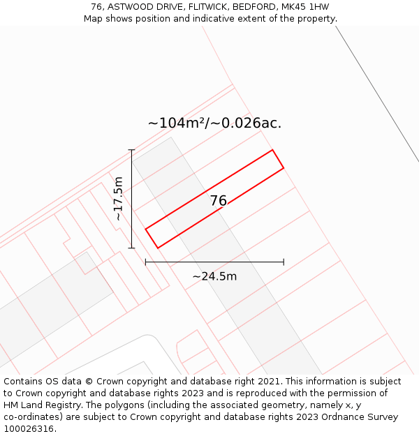 76, ASTWOOD DRIVE, FLITWICK, BEDFORD, MK45 1HW: Plot and title map