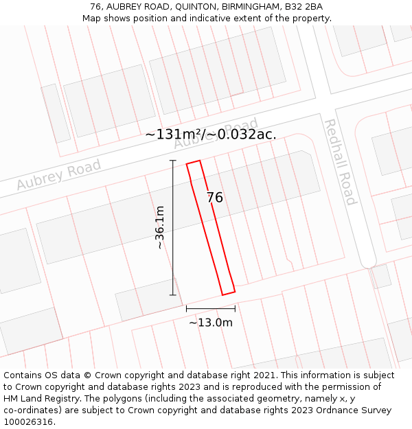 76, AUBREY ROAD, QUINTON, BIRMINGHAM, B32 2BA: Plot and title map