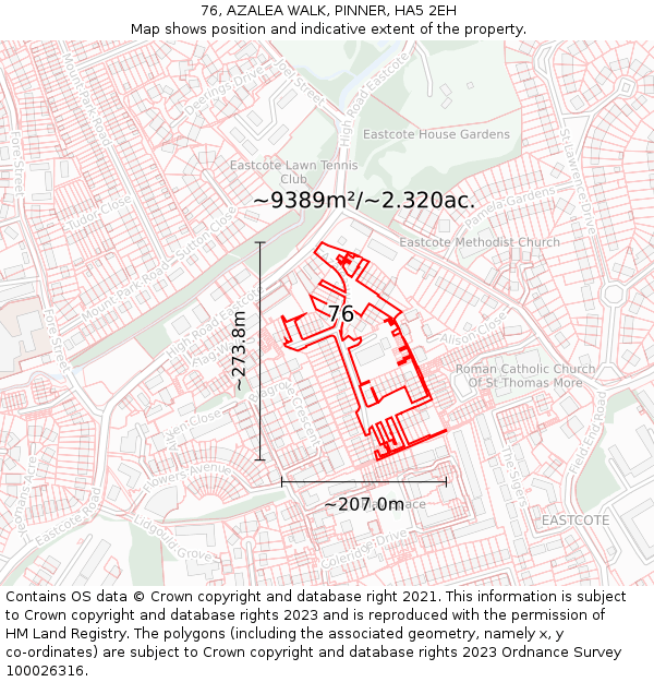 76, AZALEA WALK, PINNER, HA5 2EH: Plot and title map