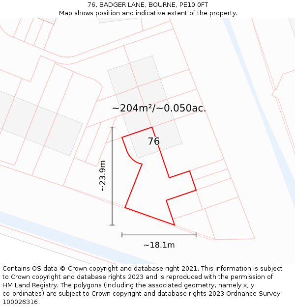 76, BADGER LANE, BOURNE, PE10 0FT: Plot and title map