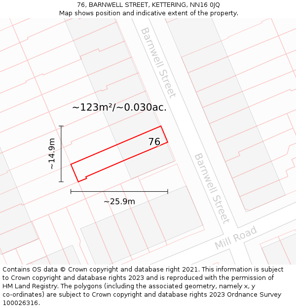 76, BARNWELL STREET, KETTERING, NN16 0JQ: Plot and title map