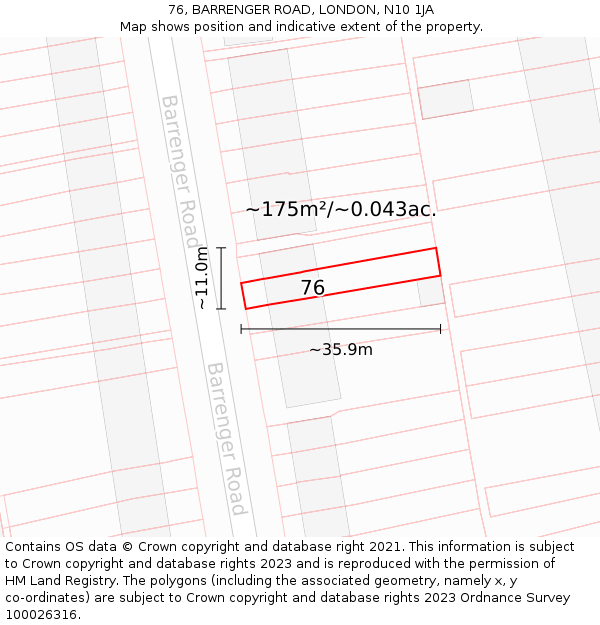 76, BARRENGER ROAD, LONDON, N10 1JA: Plot and title map