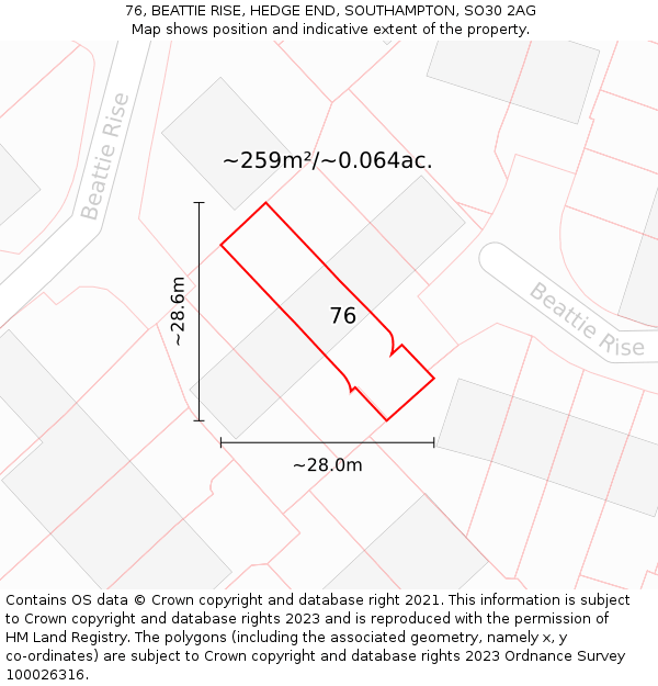 76, BEATTIE RISE, HEDGE END, SOUTHAMPTON, SO30 2AG: Plot and title map
