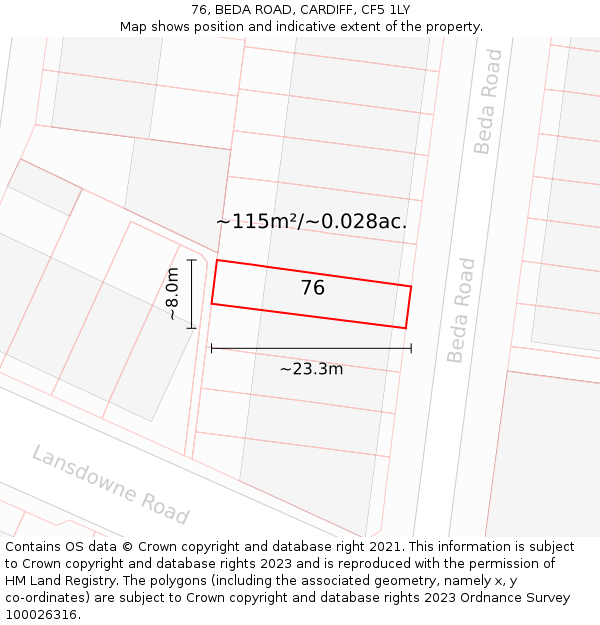 76, BEDA ROAD, CARDIFF, CF5 1LY: Plot and title map