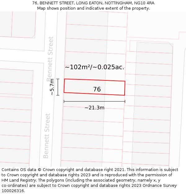 76, BENNETT STREET, LONG EATON, NOTTINGHAM, NG10 4RA: Plot and title map