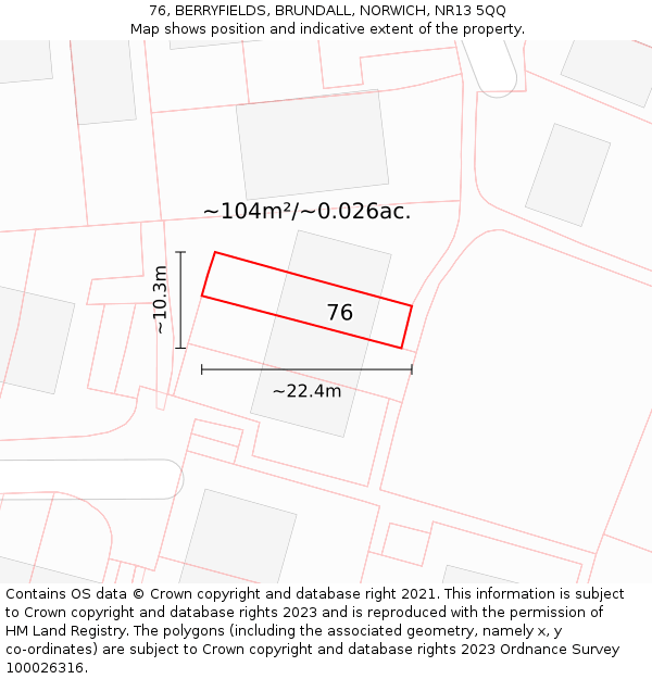 76, BERRYFIELDS, BRUNDALL, NORWICH, NR13 5QQ: Plot and title map