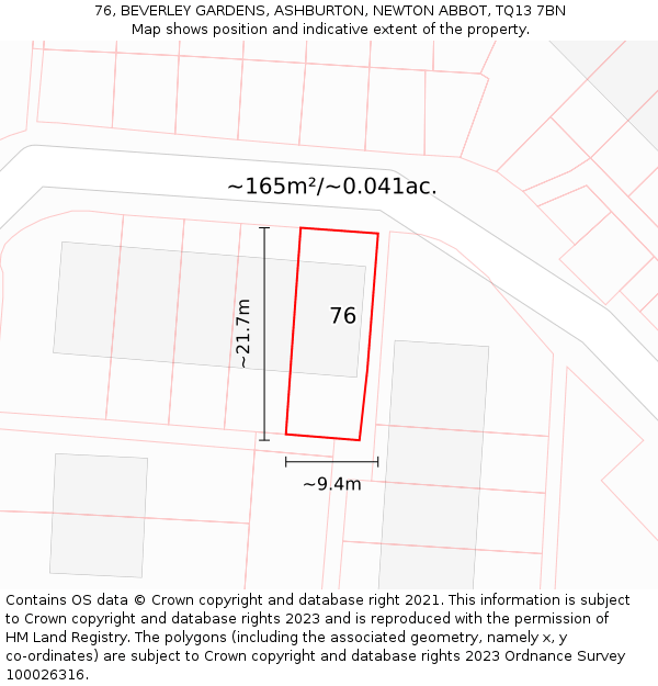 76, BEVERLEY GARDENS, ASHBURTON, NEWTON ABBOT, TQ13 7BN: Plot and title map