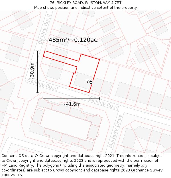 76, BICKLEY ROAD, BILSTON, WV14 7BT: Plot and title map
