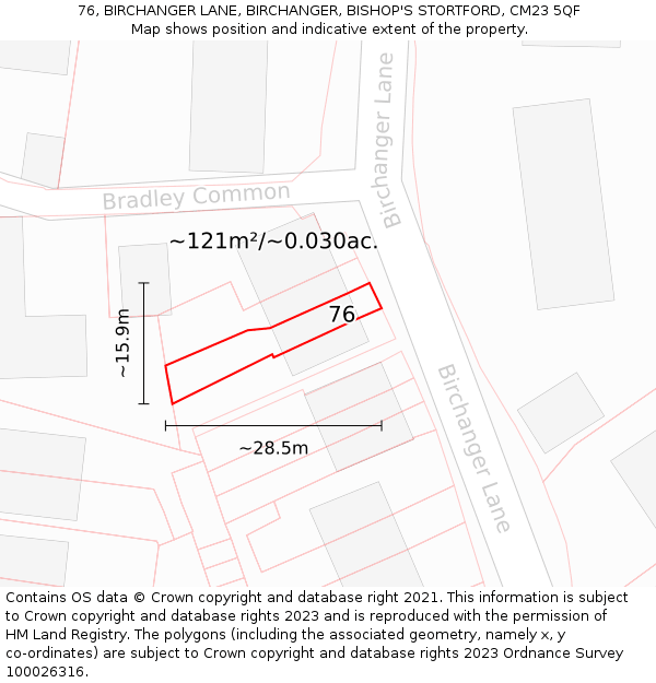 76, BIRCHANGER LANE, BIRCHANGER, BISHOP'S STORTFORD, CM23 5QF: Plot and title map