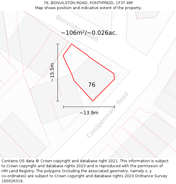 76, BONVILSTON ROAD, PONTYPRIDD, CF37 4RF: Plot and title map