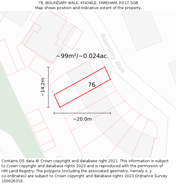 76, BOUNDARY WALK, KNOWLE, FAREHAM, PO17 5GB: Plot and title map