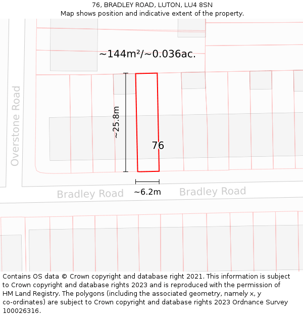 76, BRADLEY ROAD, LUTON, LU4 8SN: Plot and title map
