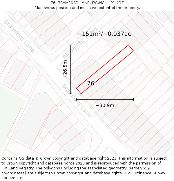 76, BRAMFORD LANE, IPSWICH, IP1 4DE: Plot and title map