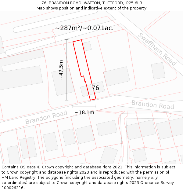 76, BRANDON ROAD, WATTON, THETFORD, IP25 6LB: Plot and title map