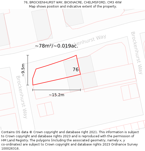 76, BROCKENHURST WAY, BICKNACRE, CHELMSFORD, CM3 4XW: Plot and title map