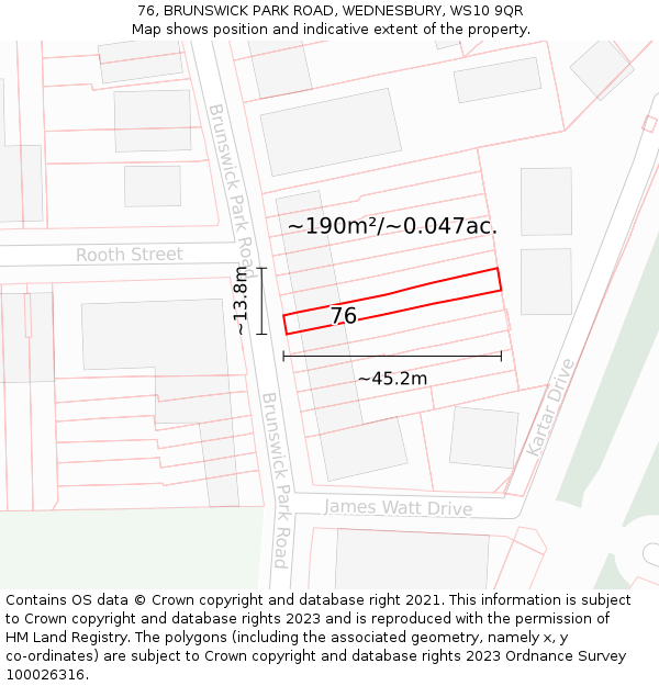 76, BRUNSWICK PARK ROAD, WEDNESBURY, WS10 9QR: Plot and title map