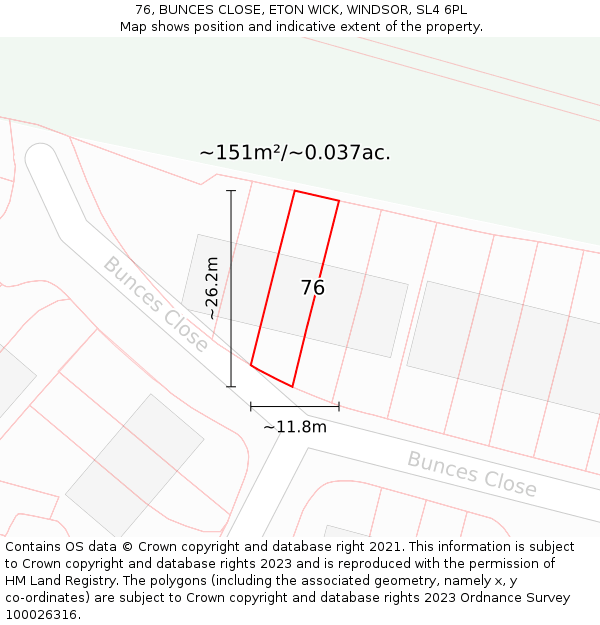 76, BUNCES CLOSE, ETON WICK, WINDSOR, SL4 6PL: Plot and title map