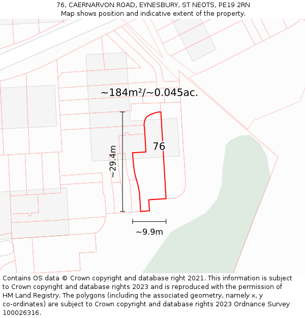 76, CAERNARVON ROAD, EYNESBURY, ST NEOTS, PE19 2RN: Plot and title map