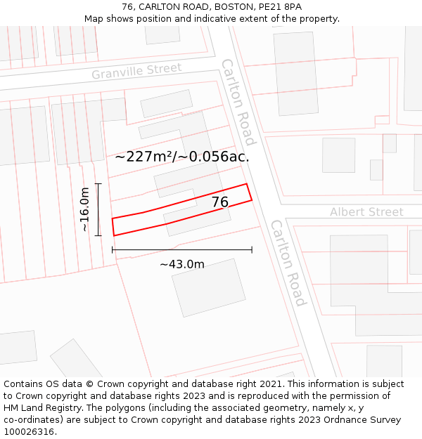 76, CARLTON ROAD, BOSTON, PE21 8PA: Plot and title map