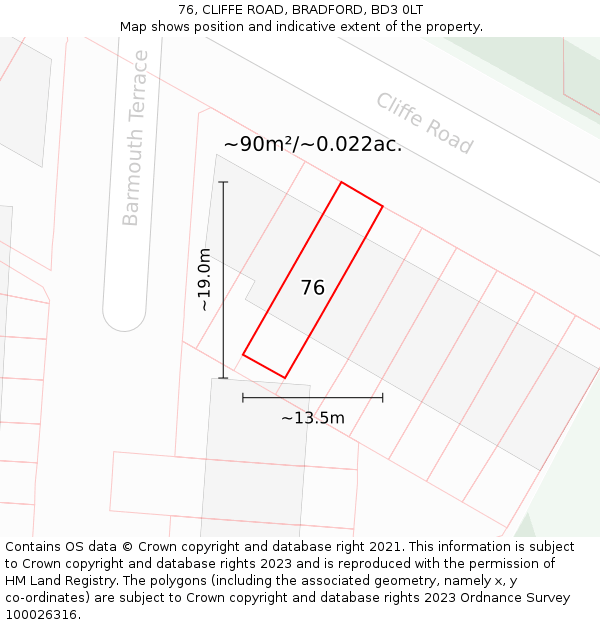 76, CLIFFE ROAD, BRADFORD, BD3 0LT: Plot and title map