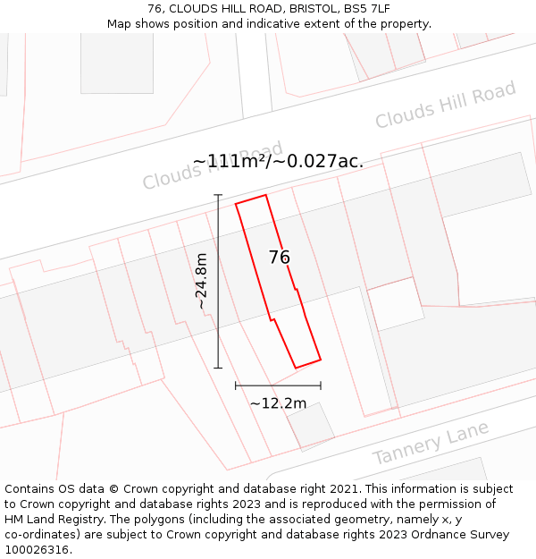 76, CLOUDS HILL ROAD, BRISTOL, BS5 7LF: Plot and title map