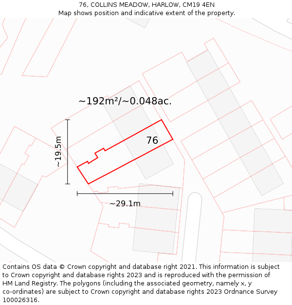 76, COLLINS MEADOW, HARLOW, CM19 4EN: Plot and title map