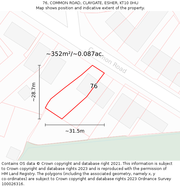 76, COMMON ROAD, CLAYGATE, ESHER, KT10 0HU: Plot and title map