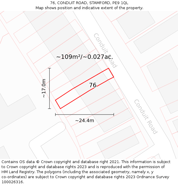 76, CONDUIT ROAD, STAMFORD, PE9 1QL: Plot and title map