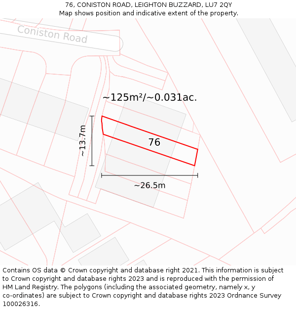 76, CONISTON ROAD, LEIGHTON BUZZARD, LU7 2QY: Plot and title map