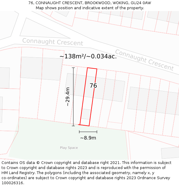 76, CONNAUGHT CRESCENT, BROOKWOOD, WOKING, GU24 0AW: Plot and title map