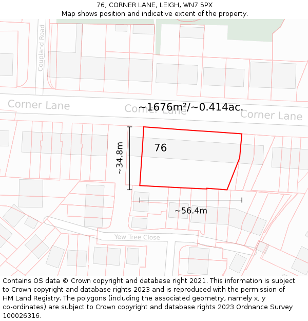 76, CORNER LANE, LEIGH, WN7 5PX: Plot and title map