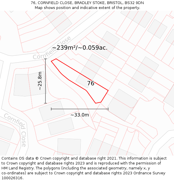 76, CORNFIELD CLOSE, BRADLEY STOKE, BRISTOL, BS32 9DN: Plot and title map